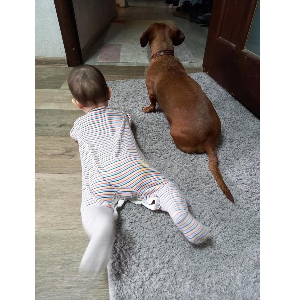 Ievegen's baby and dog lie on the floor at their home in Dnipro