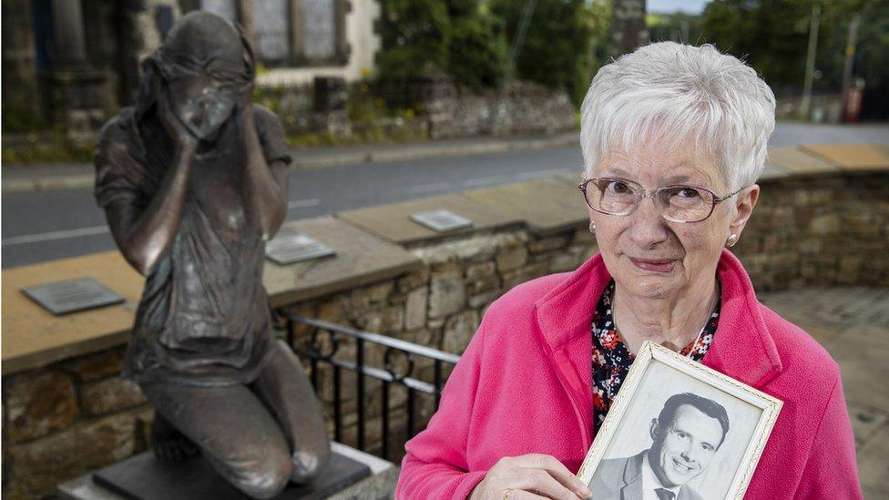 Anne Bradley at Claudy bomb memorial statue