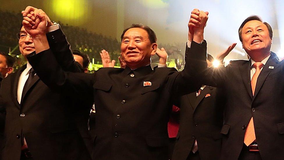 Kim Yong-chol celebrates the performance of a South Korean art troupe in Pyongyang