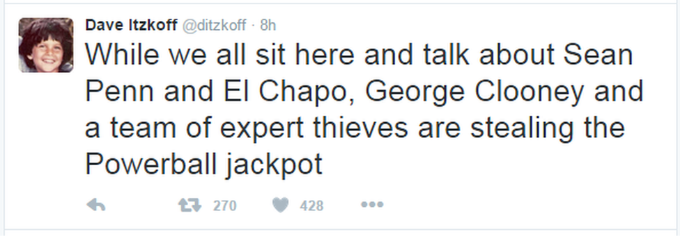 A tweet reads "While we all sit here and talk about Sean Penn and El Chapo, George Clooney and a team of expert thieves are stealing the Powerball jackpot"