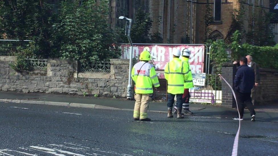 Road outside Bethel Chapel, Newtown with a collapsed roof cornered off by police