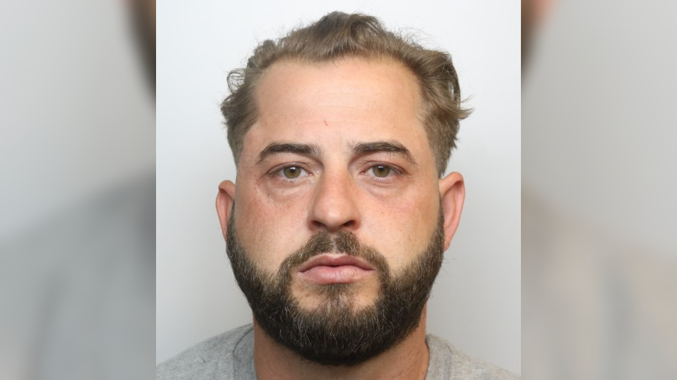 A police custody photo of Ashley Sherred. He has brown hair, brown eyes, a dark-brown beard, and is wearing a grey top.