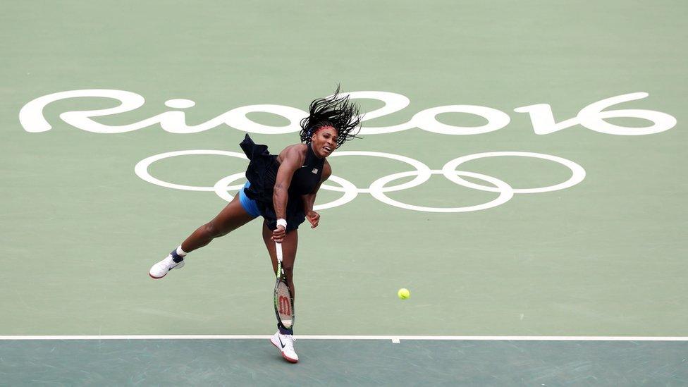 Serena Williams in action against Daria Gavrilova during the women"s singles first round at the Olympic Tennis Centre on the second day of the Rio Olympics Games, Brazi