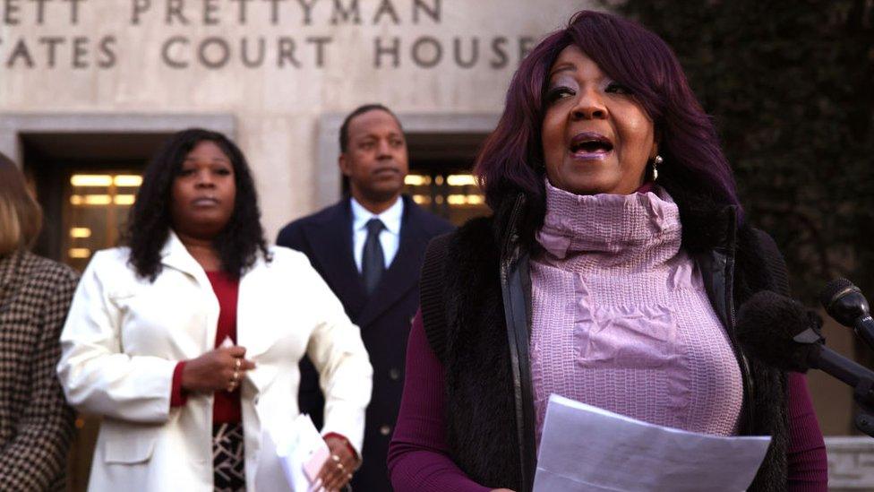 Georgia election workers Ruby Freeman and her daughter Shaye Moss speak outside of the E. Barrett Prettyman U.S. District Courthouse on December 15, 2023 in Washington, DC.