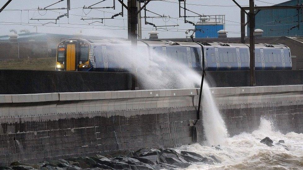 Train at Saltcoats during Storm Barbara