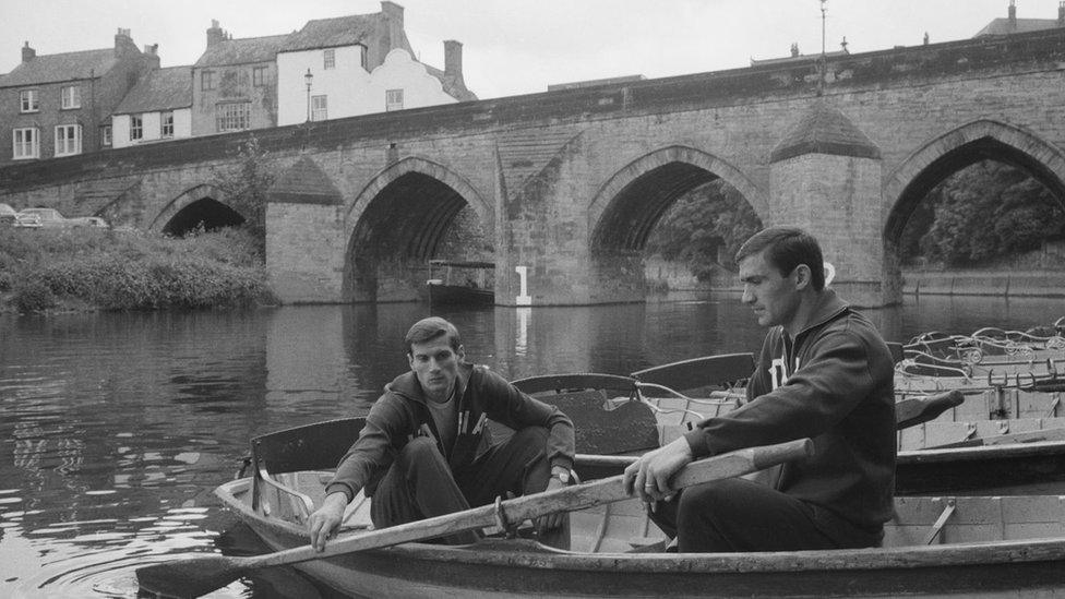 Italians Giacinto Facchetti and Tarcisio Burgnich take a boat out on the Wear in Durham