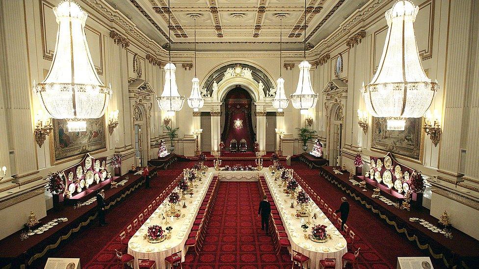 The Ballroom of Buckingham Palace set up for a State Banquet