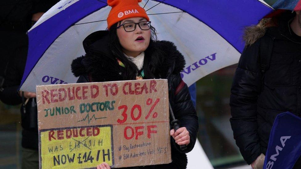 Striking NHS junior doctors on the picket line outside Queen Elizabeth hospital in Birmingham