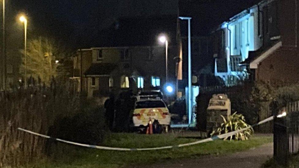 Officers at the the scene of a house siege at night