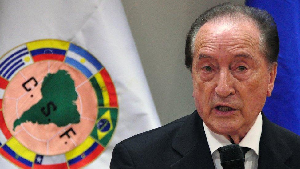 The South American Football Confederation (CONMEBOL) acting president, Uruguayan Eugenio Figueredo, speaks during a press conference on April 30, 2013, in Luque, Paraguay