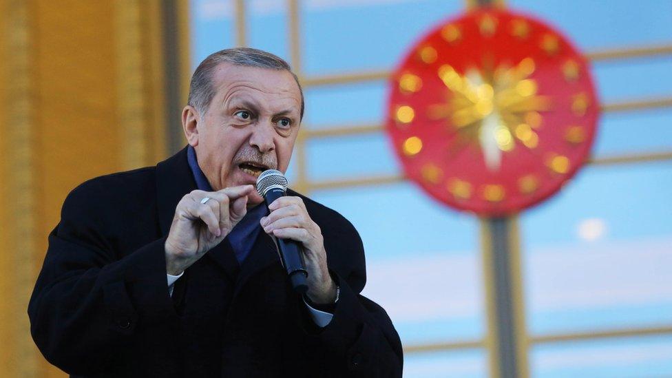 Turkish President Tayyip Erdogan gives a speech at the presidential palace on 17 April, 2017 in Ankara