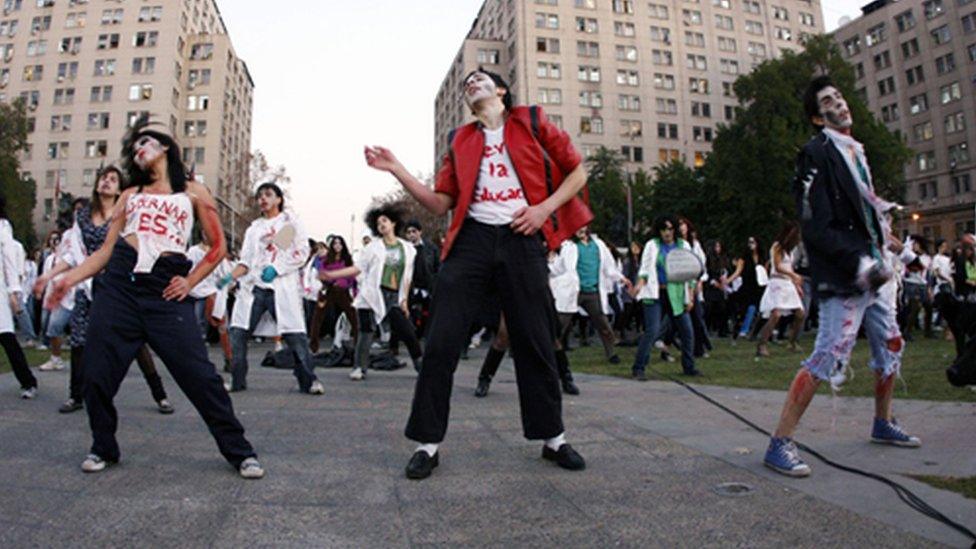 Student protest in Santiago where they recreated the dance from Michael Jackson's Thriller video