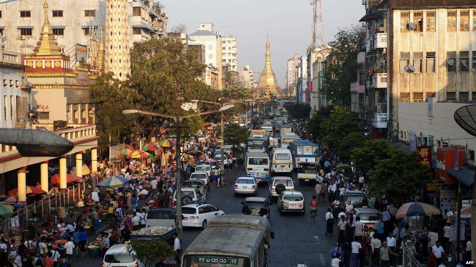 A busy road in Yangon