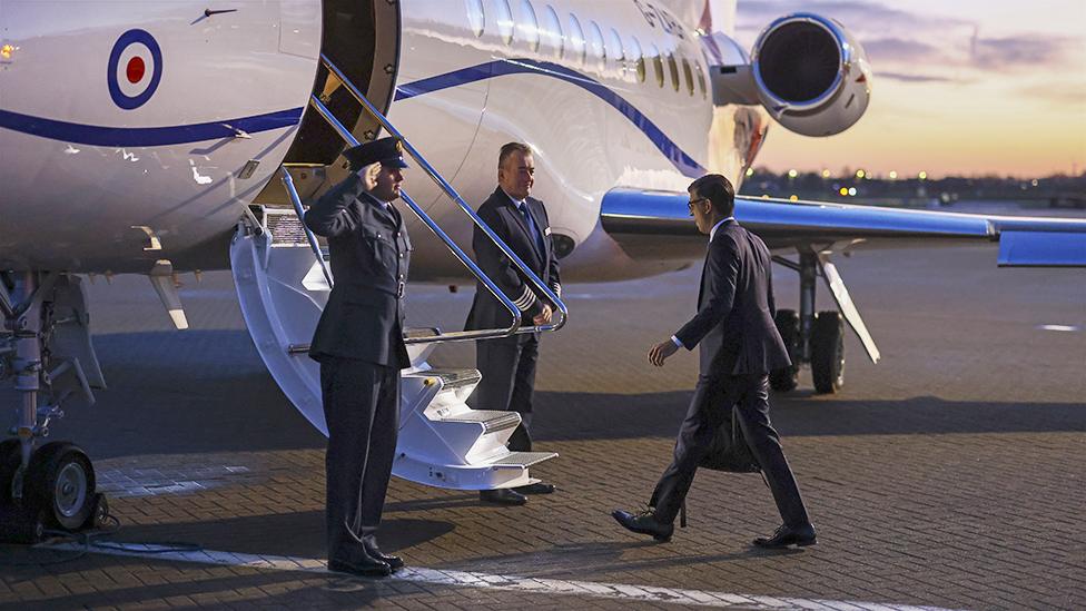 Prime Minister Rishi Sunak boards an RAF plane as he heads to visit the Rutland Healthcare Centre