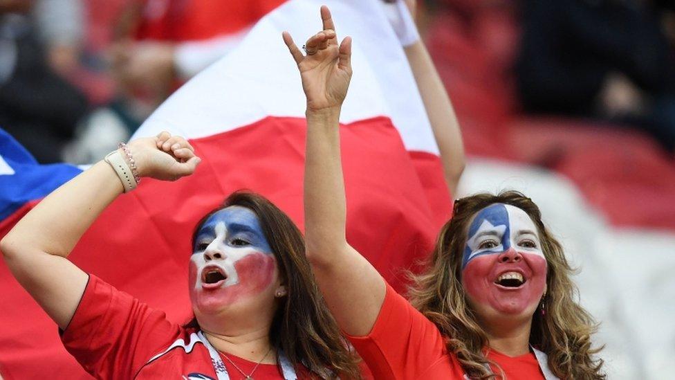 Chile fans cheer ahead of the 2017 Confederations Cup group B football match between Germany and Chile at the Kazan Arena Stadium in Kazan on June 22, 2017.