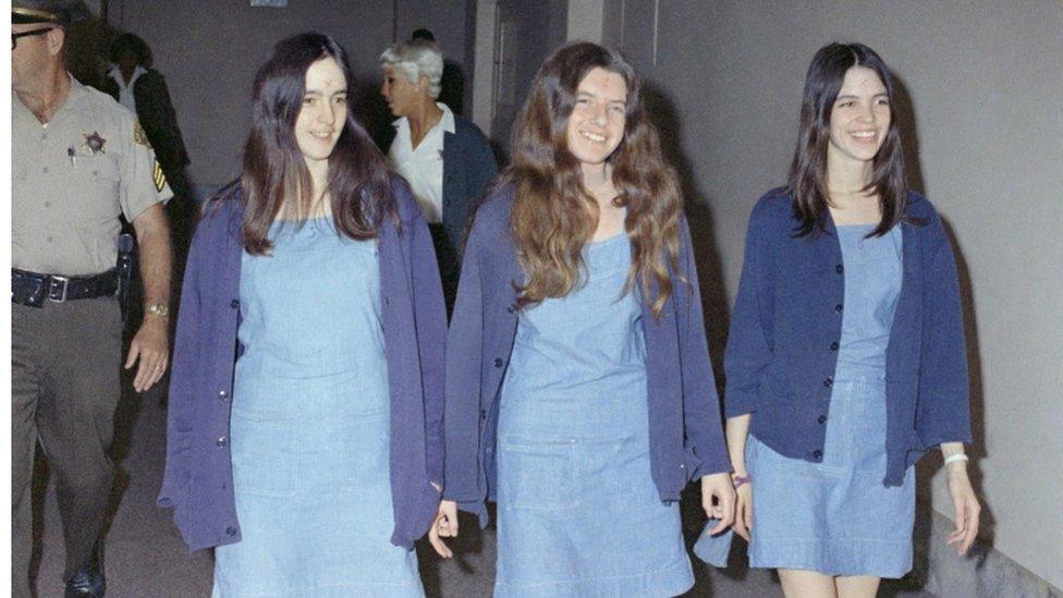 Susan Atkins, Patricia Krenwinkel and Leslie Van Houten in a Los Angeles court, 20 August 1970