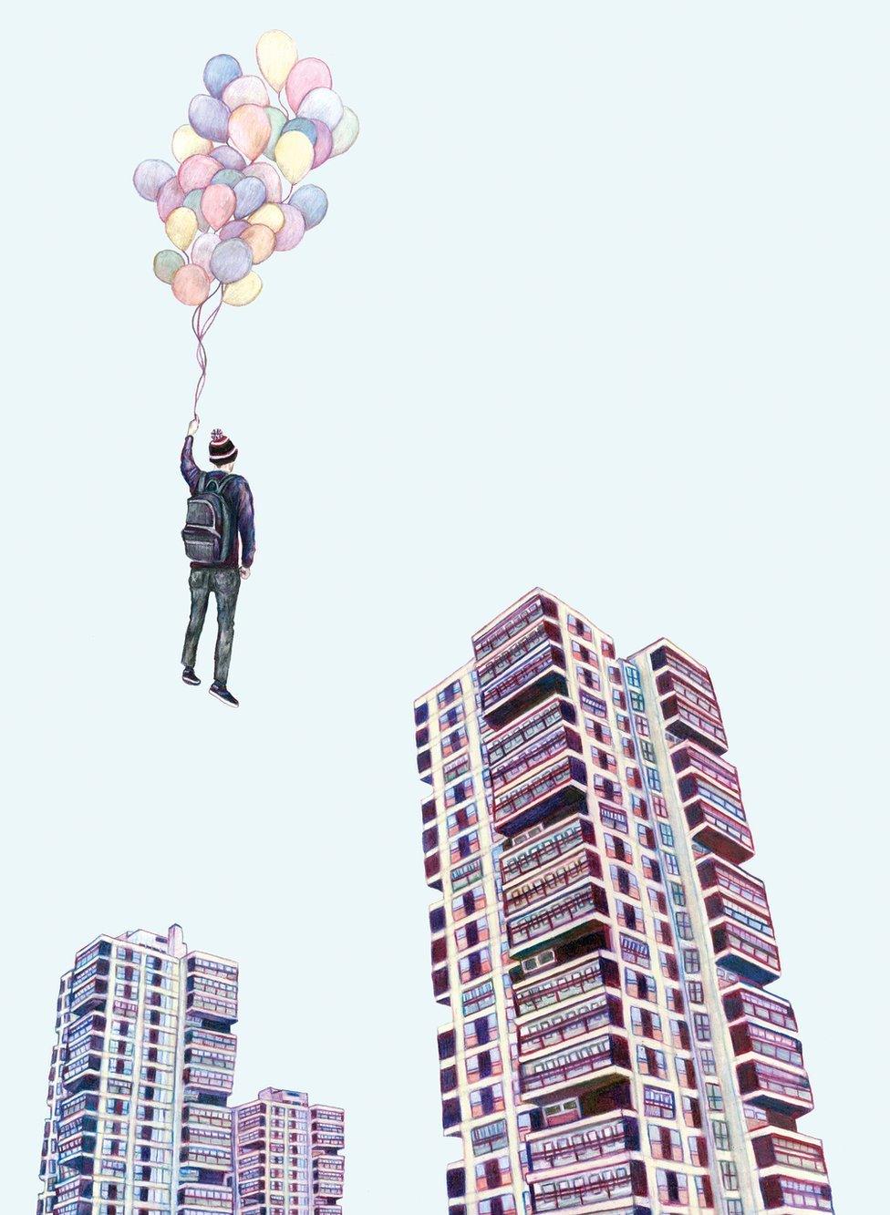 Illustration of a person holding a bunch of balloons and floating above high rise buildings