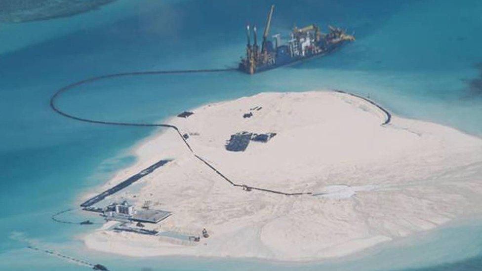 Aerial photo of a Chinese vessel at Johnson Reef, Spratly Islands on 15 May (Photo released by Philippine Department of Foreign Affairs)