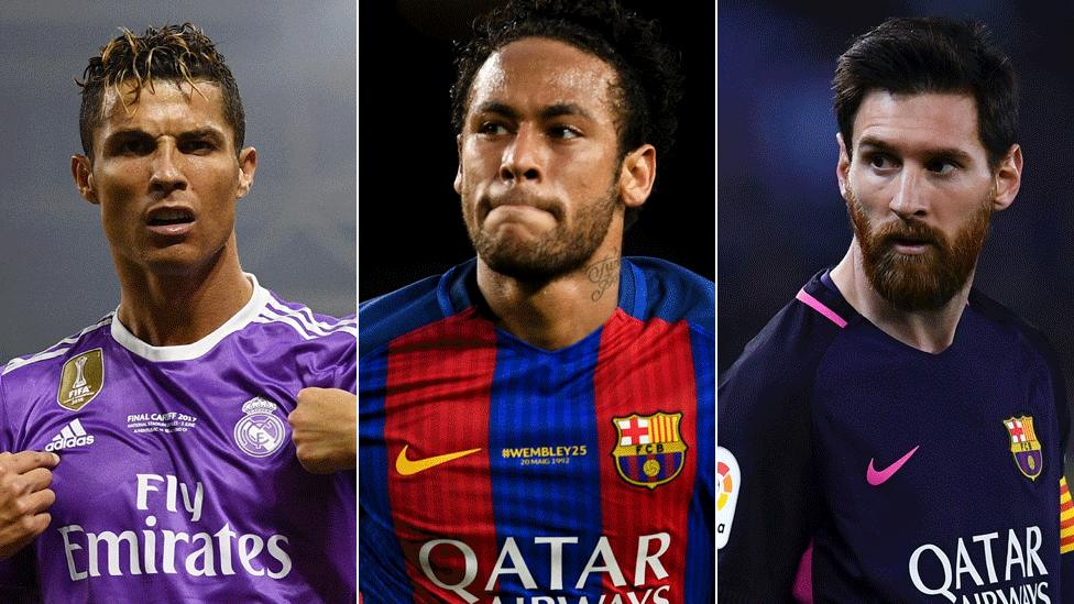 L-R Cristiano Ronaldo, Neymar and Lionel Messi (file pics)