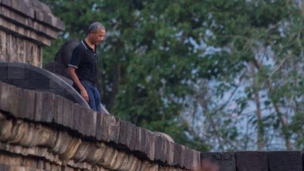 Former US President Barack Obama visits the ninth-century Borobudur Temple in Magelang, Central Java (28 June 2017)