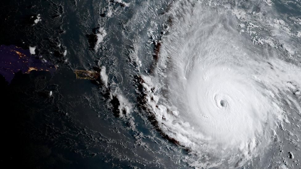 Hurricane Irma, a record Category 5 storm, is seen in this NOAA National Weather Service National Hurricane Center image from GOES-16 satellite (2017)