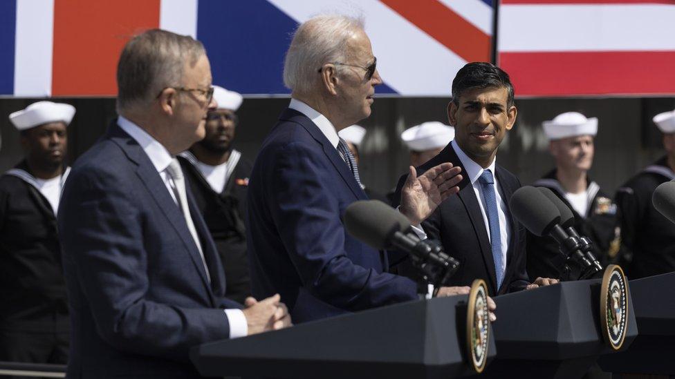 Australian Prime Minister Anthony Albanese, US President Joe Biden and United Kingdom Prime Minister Rishi Sunak hold a press conference at the Naval Base Point Miramar in San Diego, California, USA