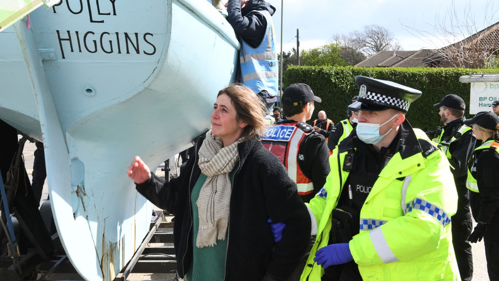 Police and protesters at BP's Hamble oil terminal