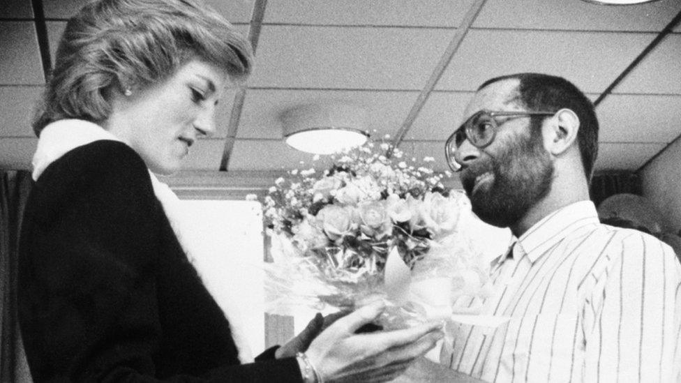 File photo dated 24/02/1989 of the Princess of Wales being presented with a bouquet by patient Martin Johnson at Mildmay Hospital in east London