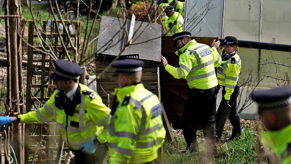 Police search teams in Roedale Valley Allotments, Brighton, where an urgent search operation is underway to find the missing baby of Constance Marten on 28 February 2023