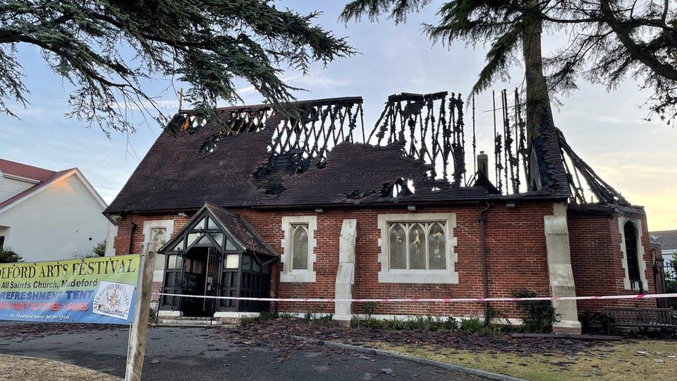 Damaged roof at All Saints Church in Mudeford