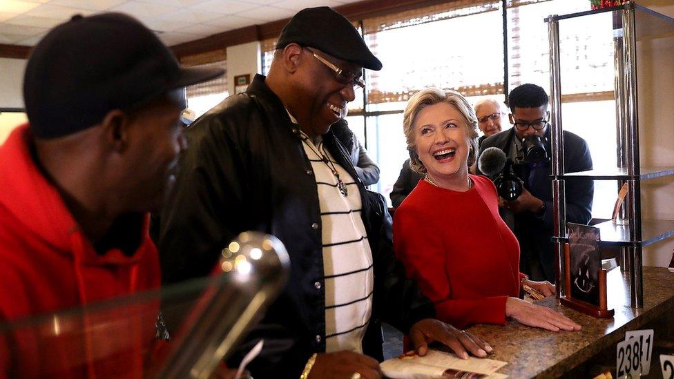 Hillary Clinton greets patrons at Angie's Soul Cafe in Cleveland, Ohio