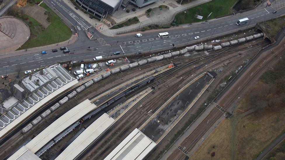 The derailed train from the air