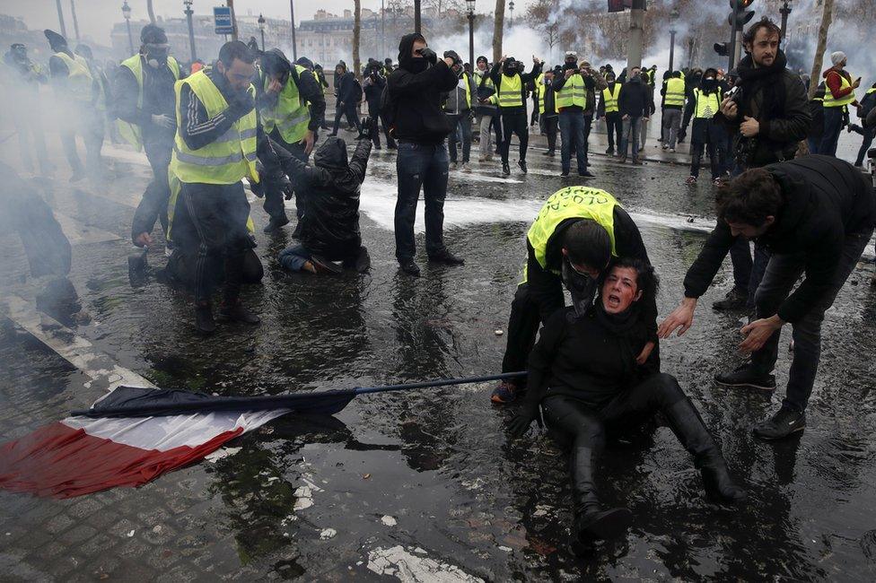 Protesters on the Champs Elysee in Paris, 1 Dcember