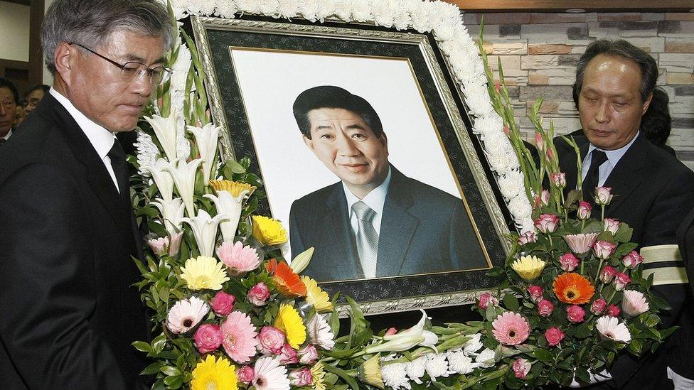 Memorial for former Roh Moo-hyun at his service. Photograph surrounded by flowers.