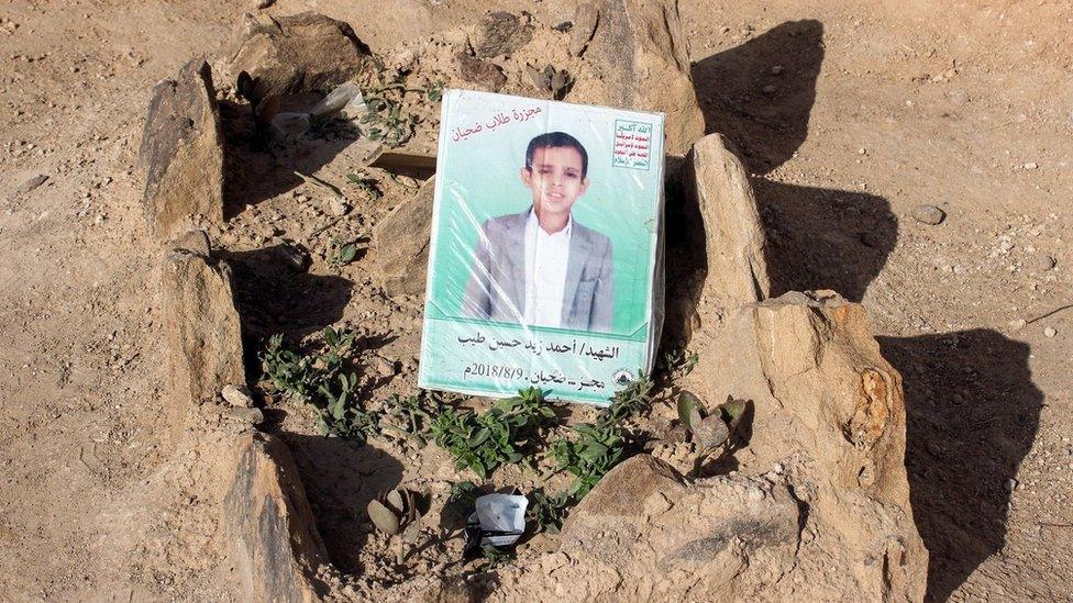 The grave of Ali Zaid Hussein Tayyib, one of the Yemeni schoolboys killed in a Saudi-led coalition air strike on a bus in Dahyan on 9 August 2018