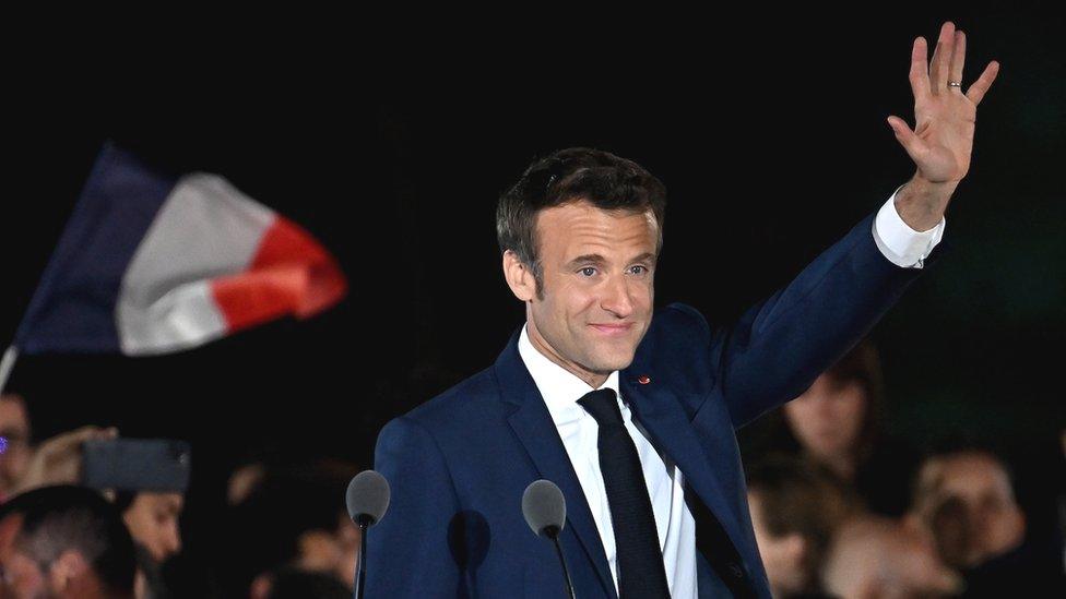 Image shows Macron shortly before his victory speech