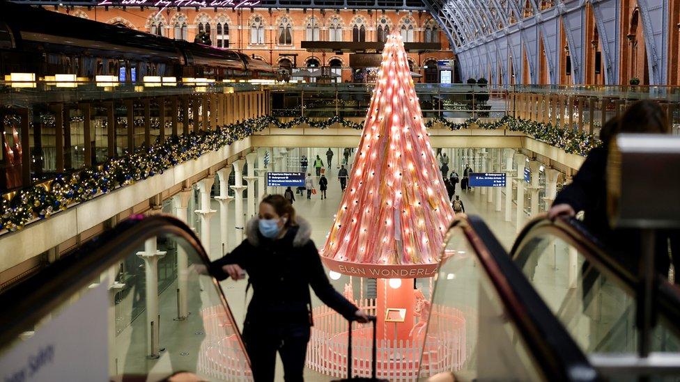 Christmas decorations at London's St Pancras International train station, November 2020