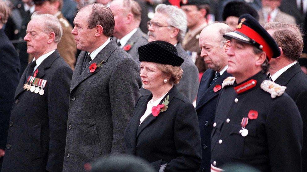 A special commemoration service at the cenotaph attended by then Prime Minister Margaret Thatcher