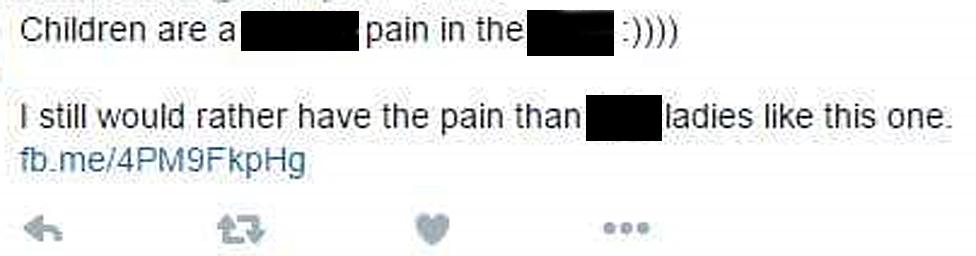 Tweet reading "Children are a (blacked out word) pain in the (blacked out word). Still I would rather have the pain than (blacked out word) ladies like this one.