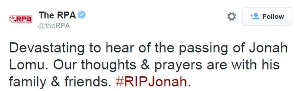 Devastating to hear of the passing of Jonah Lomu. Our thoughts & prayers are with his family & friends. #RIPJonah.