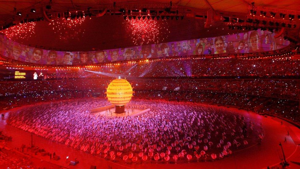 The stadium during the opening ceremony of the Beijing Games, 8 August 2008.