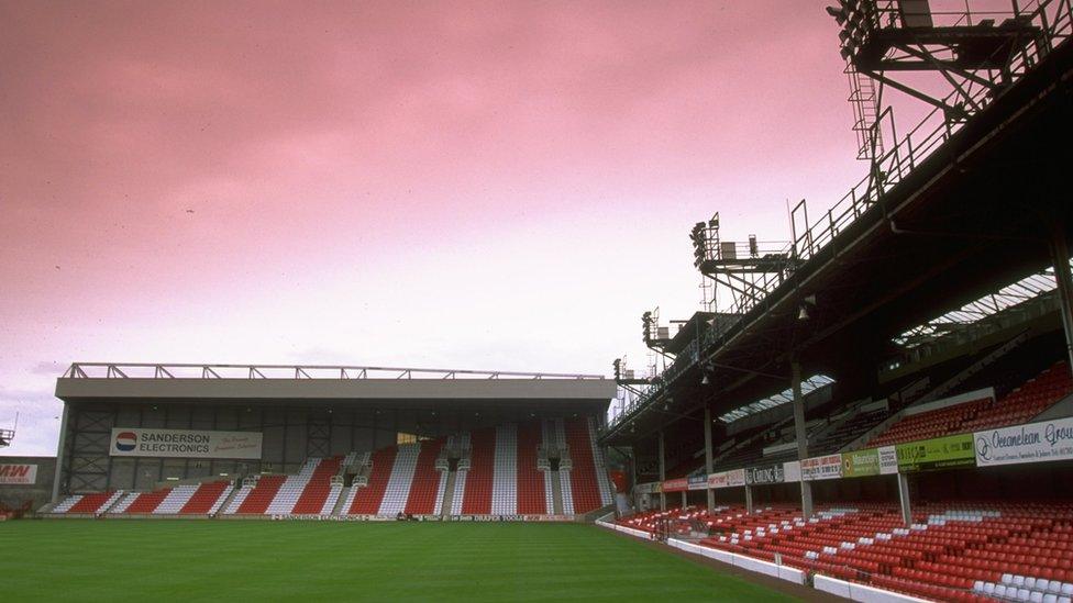 The Milton Road stand in 1997, as seen from the pitch