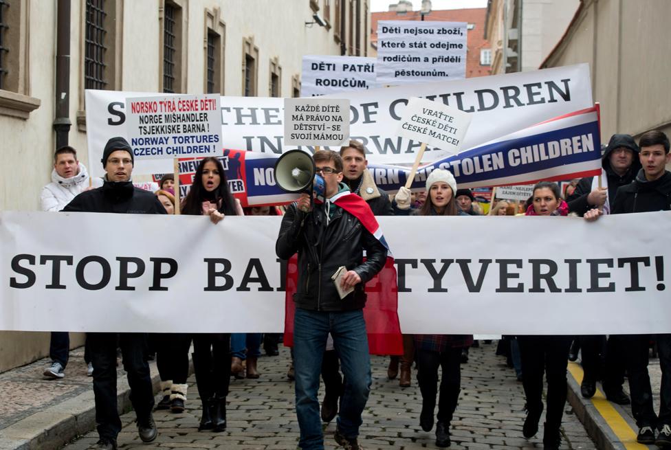 Protesters in Prague, Czech Republic protest against Norwegian child welfare service Barnevernet, January 16, 2016