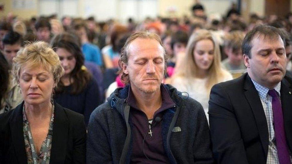 Jerome Flynn joins pupils and staff at Ysgol Dewi Sant in a mindfulness session