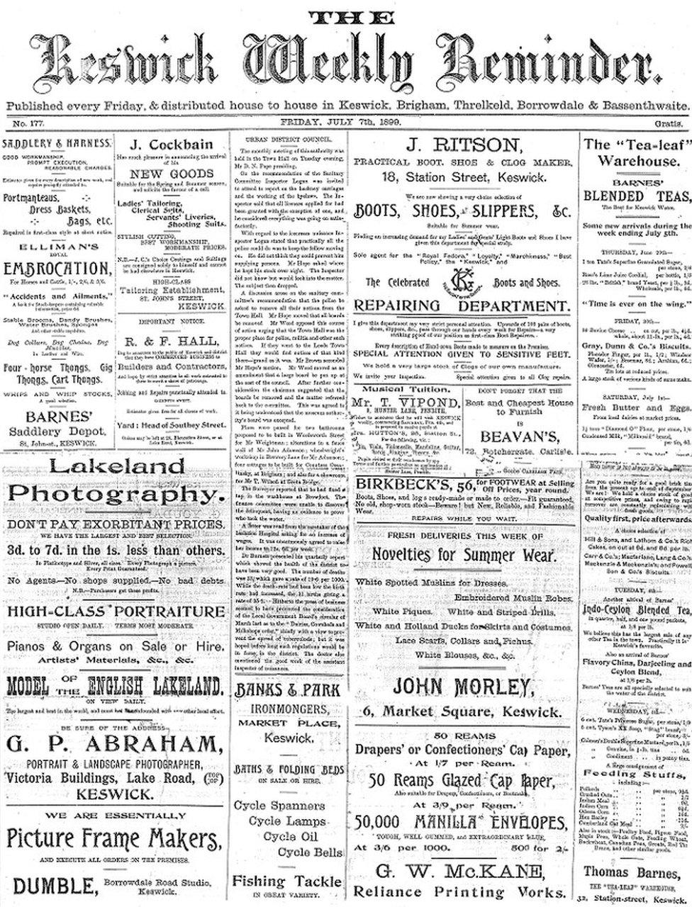 Front page of The Keswick Reminder, 7 July 1899