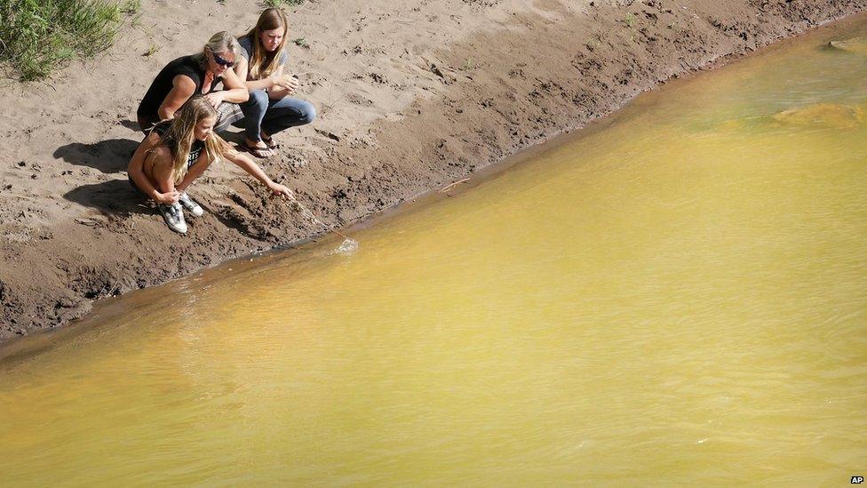 Kim Cofman and her daughters Acacia, 12, left, and Cayenne, 14, try to stir up sludge from the Gold King Mine that covers the bottom the Animas River on 8 August.