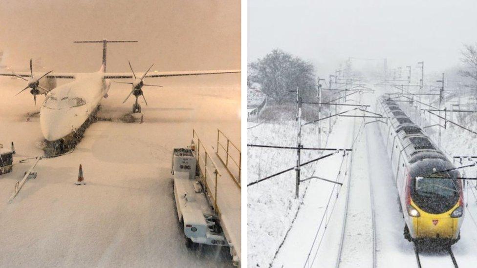 Composite image of a flight at Manchester Airport and a train on snow covered tracks