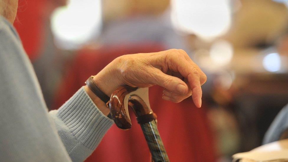 An elderly woman's hands on a walking stick