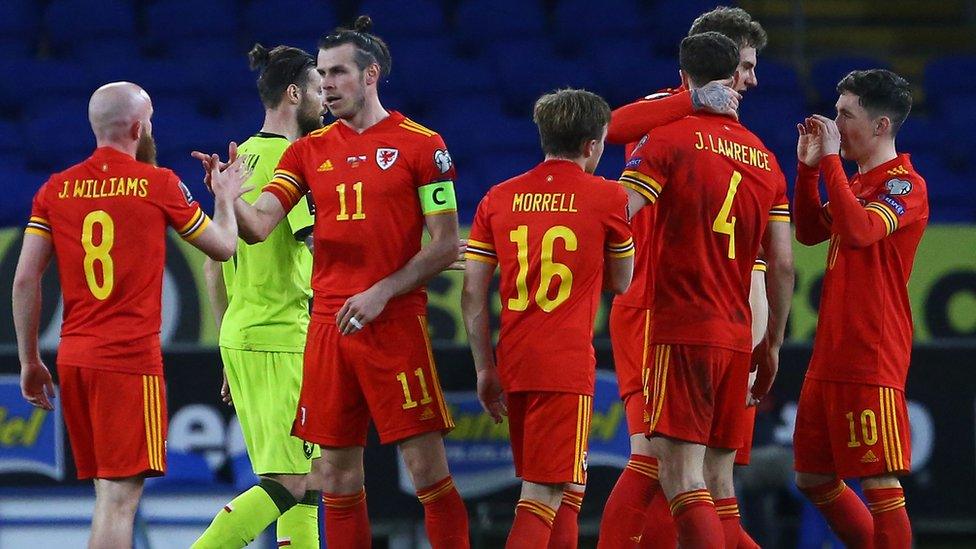 Wales celebrate goal.