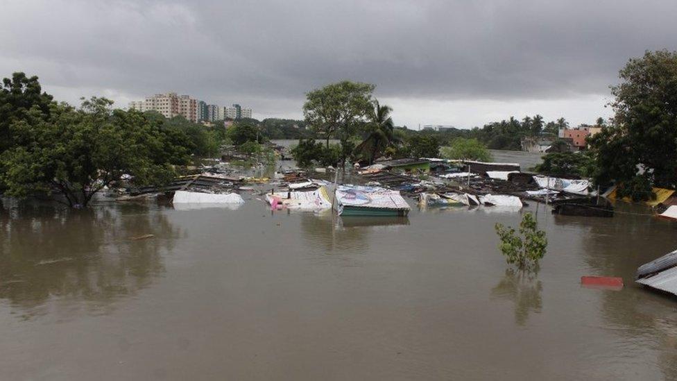 Huts and shanties are submerged in flood waters in Chennai, India, 02 December 2015